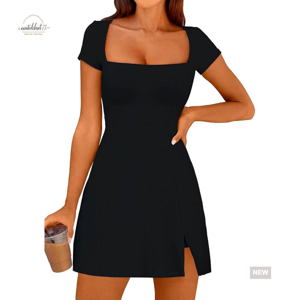 Women's Athletic Mini Dress Built-in Shorts Square Neck Tennis Golf Summer